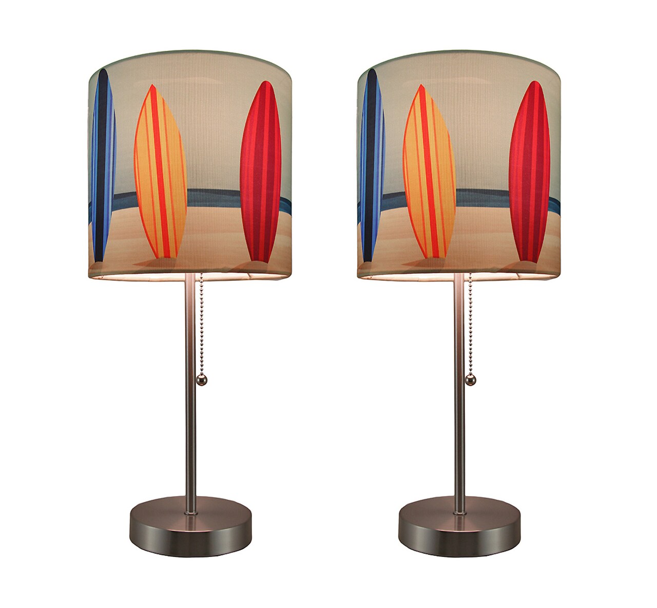 Set of 2 Stainless Steel Table Lamps w/ Decorative Surfboard Shades